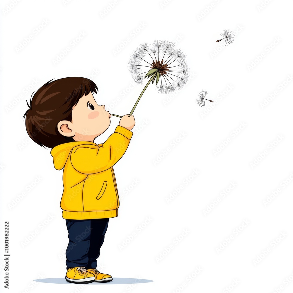 Child Blowing Dandelion Seeds in Yellow Jacket Child Blowing Dandelion Seeds in Yellow Jacket