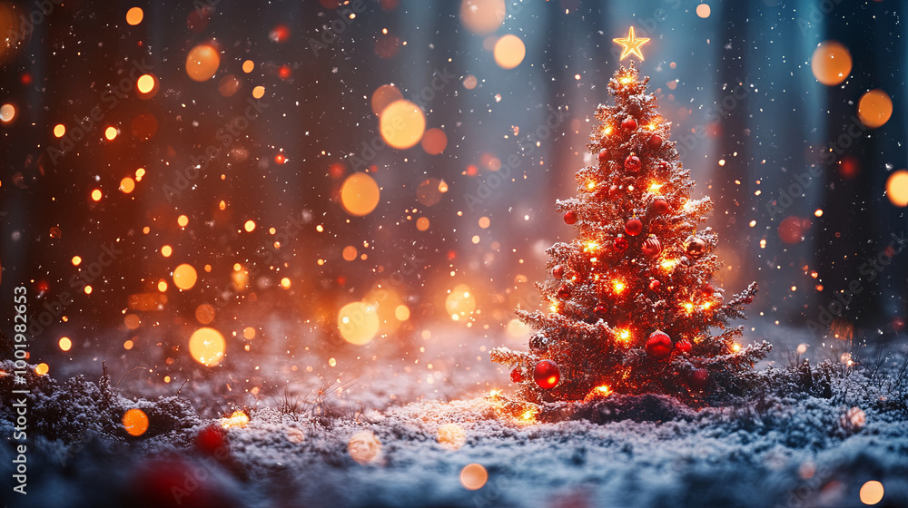 beautifully decorated Christmas tree stands in snowy forest, illuminated by warm lights and surrounded by sparkling snowflakes. festive atmosphere evokes joy and celebration beautifully decorated Christmas tree stands in snowy forest, illuminated by warm lights and surrounded by sparkling snowflakes. festive atmosphere evokes joy and celebration