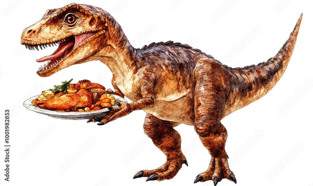 Naklejka premium Cute Dinosaur Holding a Plate of Food