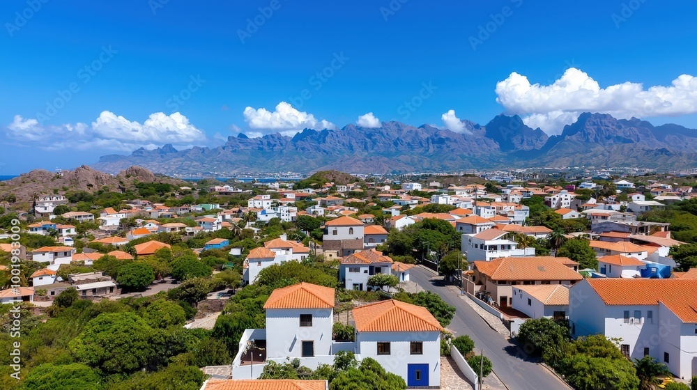 Cabo Verde Island Town Aerial View with Mountain Landscape Cabo Verde Island Town Aerial View with Mountain Landscape