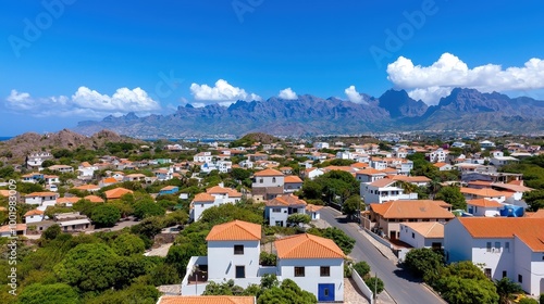 Cabo Verde Island Town Aerial View with Mountain Landscape