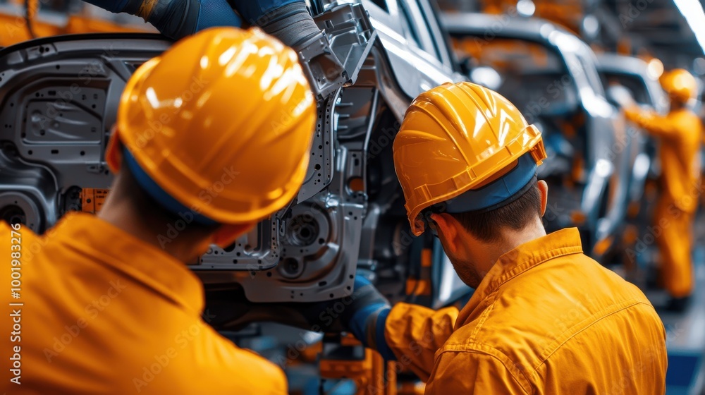 Workers in yellow helmets assembling vehicles in a modern factory. Workers in yellow helmets assembling vehicles in a modern factory.