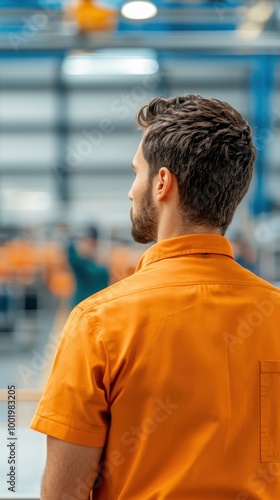 Worker in orange shirt observing factory operations, industrial environment.