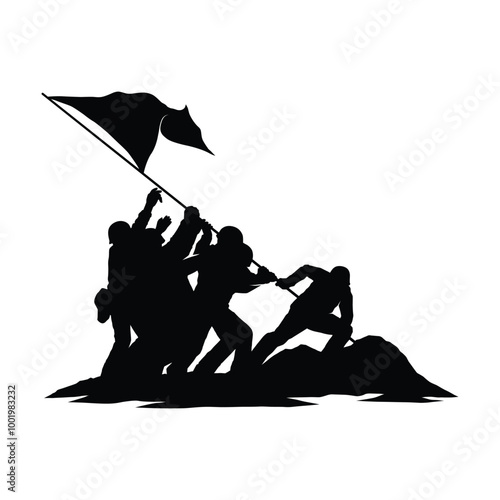 Silhouette of A black and white image of a group of soldiers raising the American flag iwo jima