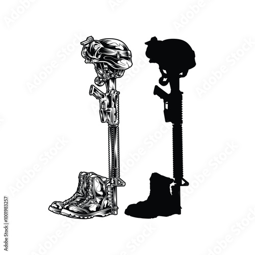 Vector Illustration of A pair of boots and a gun on a stick.