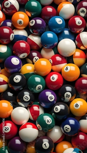 A vibrant collection of colorful pool balls arranged closely together ready for a game in a cozy billiards hall. Generative AI
