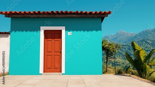 Colorful House with Red Door in Mountain Landscape Tropical Home Architecture