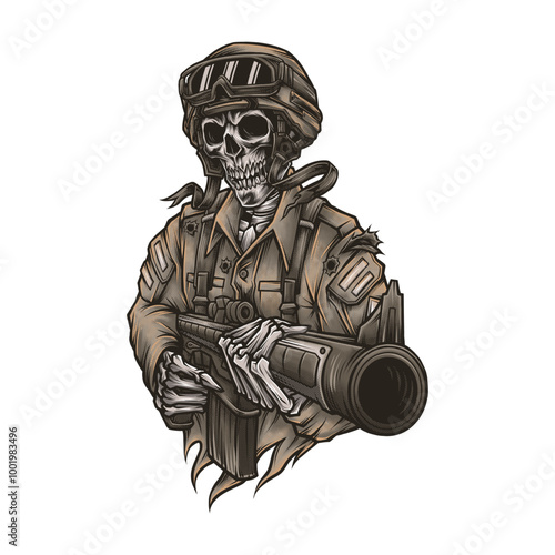 Vector Illustration of A skeleton soldier holding a rifle in his hand.