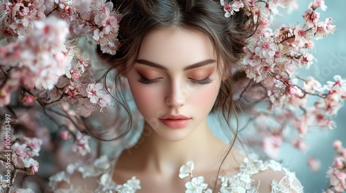 A young woman surrounded by cherry blossoms, captured in soft light, displaying a serene expression during springtime outdoors