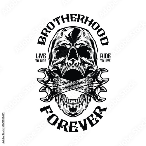 Vector Illustration of A black and white image of a skull with the words brotherhood forever written photo