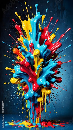 Vivid paint splashes create an artistic explosion against a dark background in a vibrant display of colors and creativity. Generative AI