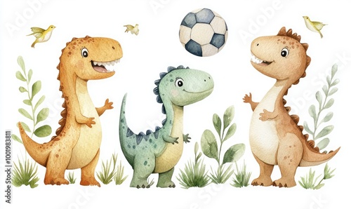 Fototapeta Naklejka Na Ścianę i Meble -  Cute Watercolor Dinosaurs Playing with a Soccer Ball