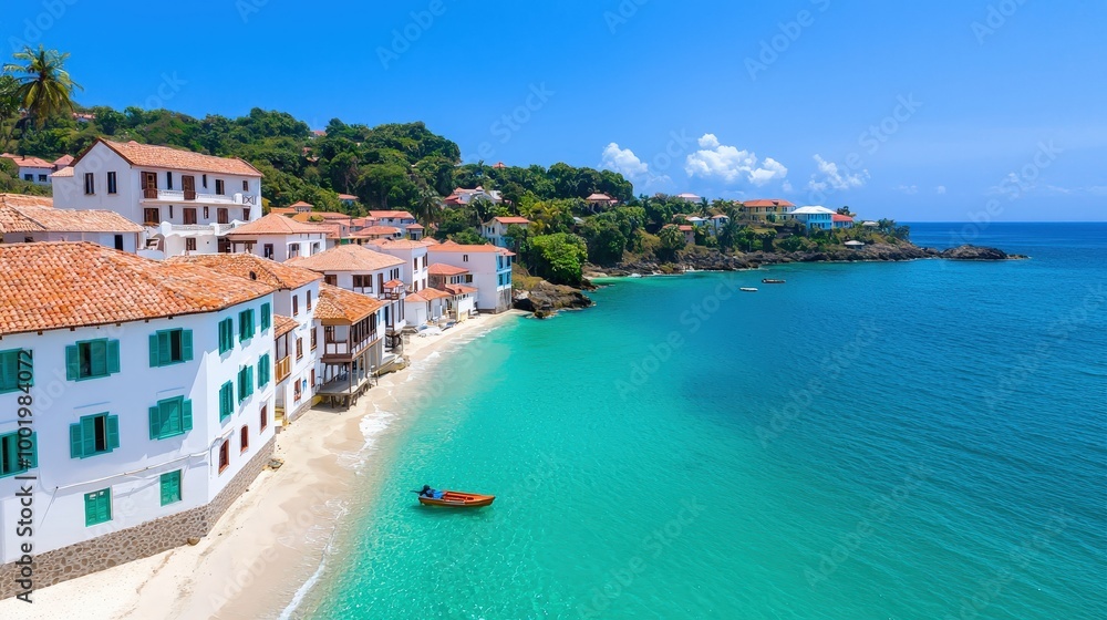 Fototapeta premium Tropical Island Village Beachscape with Turquoise Water and Boat