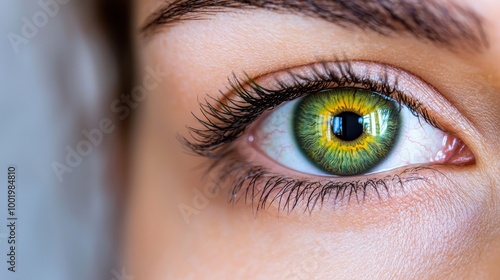 Close-up of a woman's eye with striking green iris and long eyelashes.