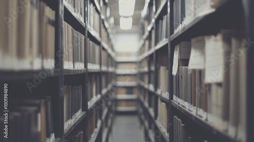 A narrow aisle between shelves filled with files or documents in a storage area.