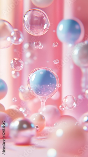 Floating soap bubbles in a pastel pink