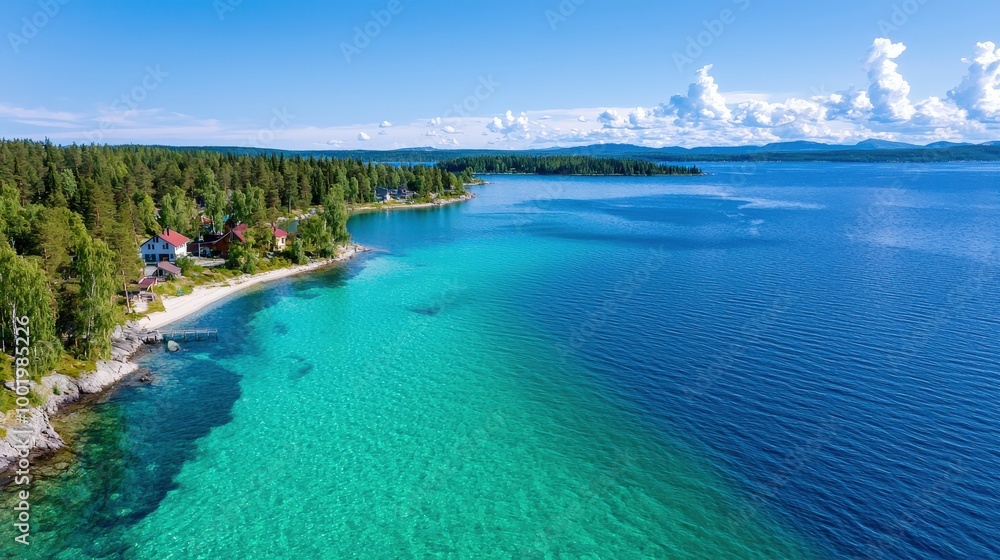 Fototapeta premium Aerial View of Clear Turquoise Water Forest and Houses on a Shoreline