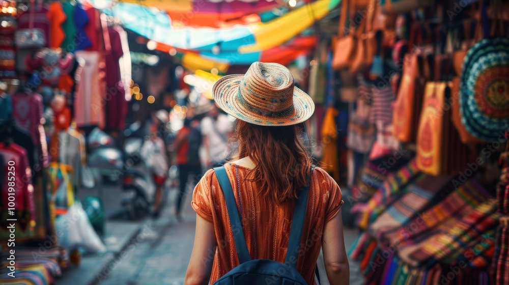 Obraz premium A traveler walking through a vibrant street market with colorful stalls and vendors with