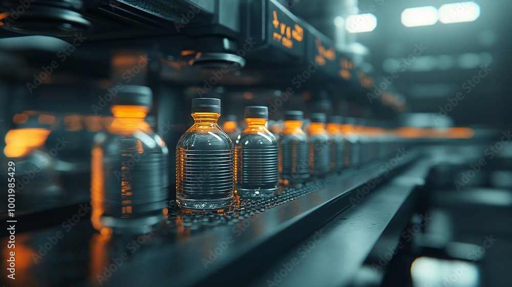 Bottles on a Conveyor Belt in a Modern Factory Setting Bottles on a Conveyor Belt in a Modern Factory Setting