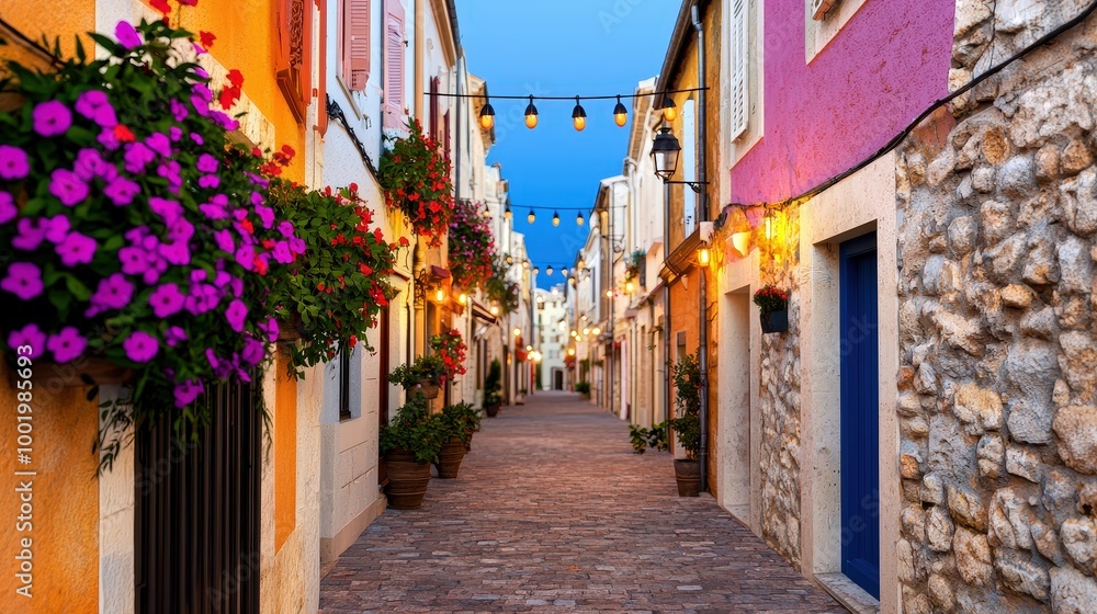 Fototapeta premium Charming Cobblestone Street in European Village with Hanging Lights and Flowers