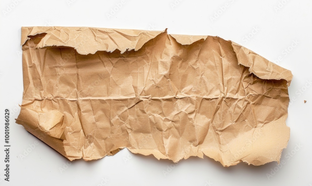 Crumpled torn brown paper sheet isolated on white background. Rough paper texture for design and print. Crumpled torn brown paper sheet isolated on white background. Rough paper texture for design and print.
