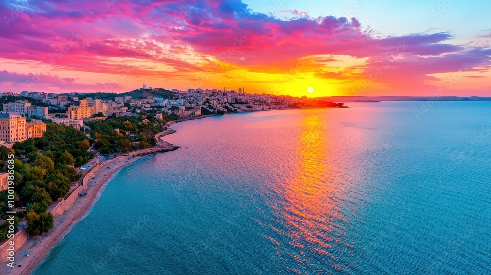 Fototapeta premium Coastal City Sunset with Vibrant Sky and Calm Sea
