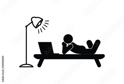 stickman relaxing on sofa with laptop, stick figure man lying down, human silhouette icon