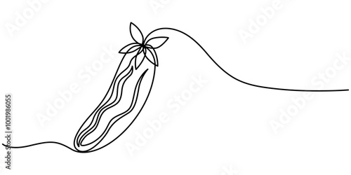 Continuous one line drawing of cucumber. Sliced of cucumber simple line art vector design, Cucumber. Icon with reflection on white background, Cucumber green fresh vegetable for salad icon neon glow