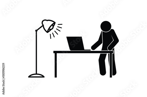 man working, illustration stickman and laptop, stick figure business and work, illustration office