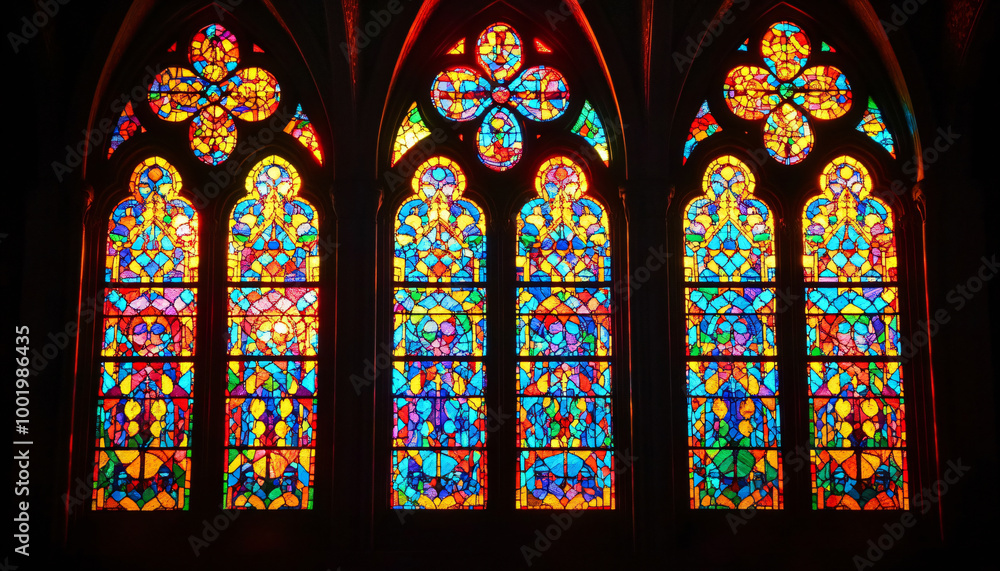 Fototapeta premium A vibrant stained glass design with intricate patterns and rich colors, resembling classic church or cathedral windows