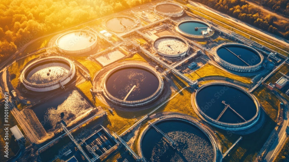 Aerial view of a wastewater treatment plant with circular tanks and pipes at sunset. Aerial view of a wastewater treatment plant with circular tanks and pipes at sunset.