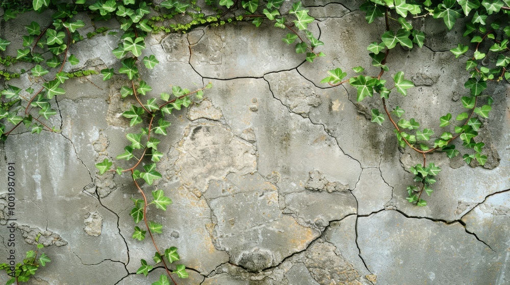 Naklejka premium Cracked Wall with Green Ivy Vines Background
