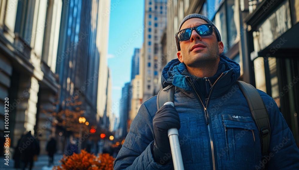 Visually impaired man using a white cane to detect obstacles on a city sidewalk, emphasizing independence in motion, showcased in a wide-angle photo. Visually impaired man using a white cane to detect obstacles on a city sidewalk, emphasizing independence in motion, showcased in a wide-angle photo.