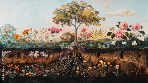 Vibrant Ecosystem with Tree and Root Structure photo