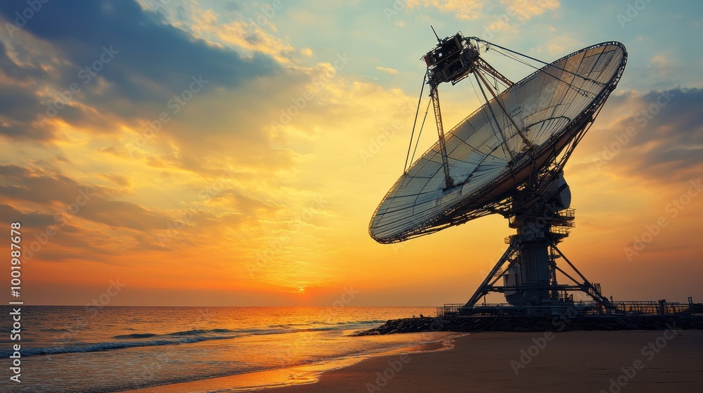 A large satellite dish on a beach at sunset, with the ocean in the foreground. A large satellite dish on a beach at sunset, with the ocean in the foreground.