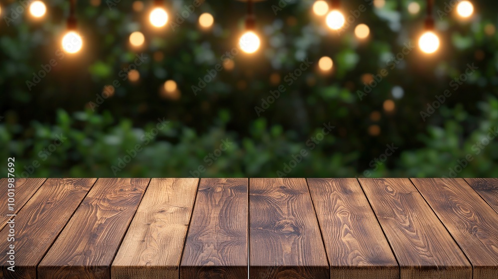 Rustic Wooden Tabletop with Blurred Garden Lights Background Rustic Wooden Tabletop with Blurred Garden Lights Background