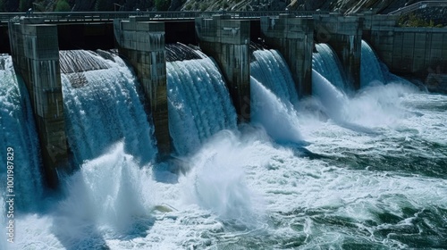 Water Flowing Over Dam Structure with Cascading Waves