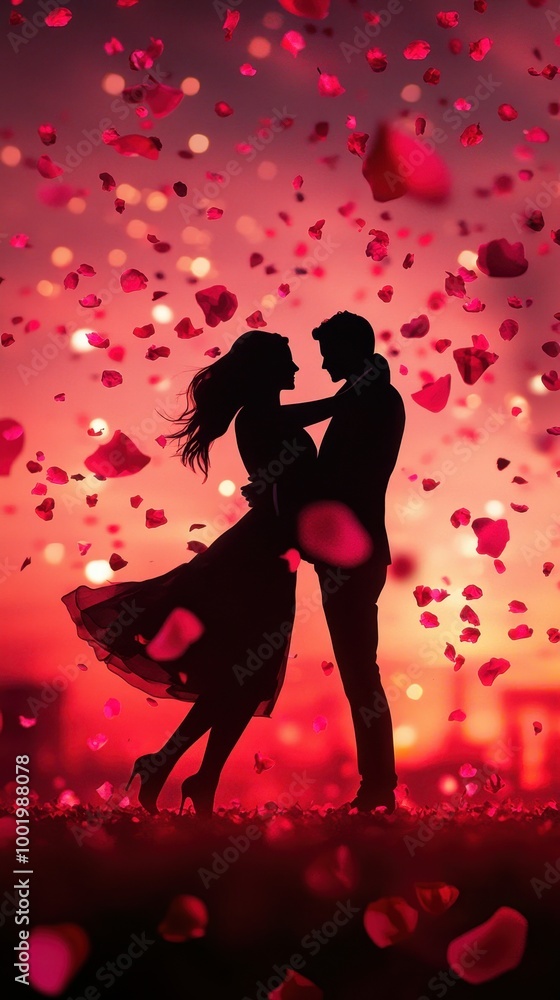 A couple dances amid falling rose petals as they celebrate their anniversary at sunset A couple dances amid falling rose petals as they celebrate their anniversary at sunset