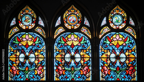 A vibrant stained glass design with intricate patterns and rich colors, resembling classic church or cathedral windows