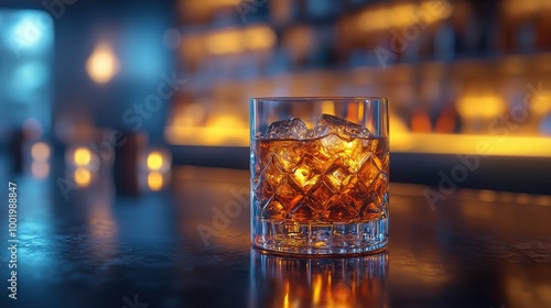 A close-up of a whiskey glass filled with ice in a dimly lit bar setting during evening hours