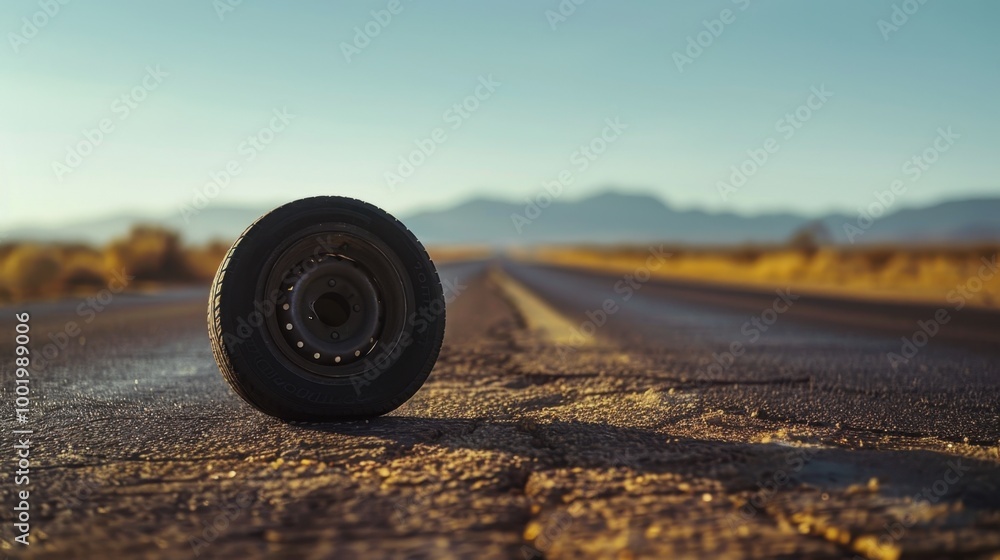 Abandoned Tire on Deserted Road at Sunrise Abandoned Tire on Deserted Road at Sunrise