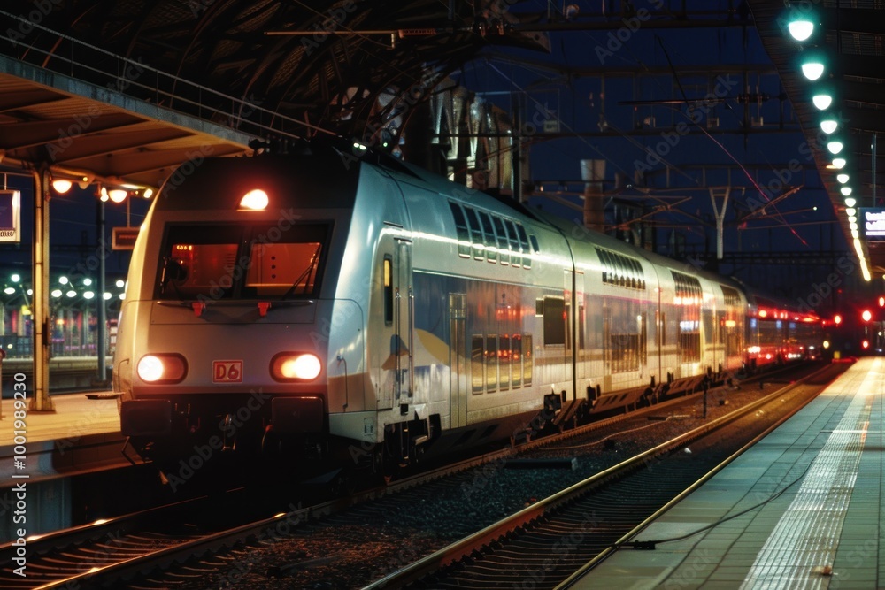 Night view of modern train at a station platform with lights. Transportation and travel concept for design and print. Night view of modern train at a station platform with lights. Transportation and travel concept for design and print.