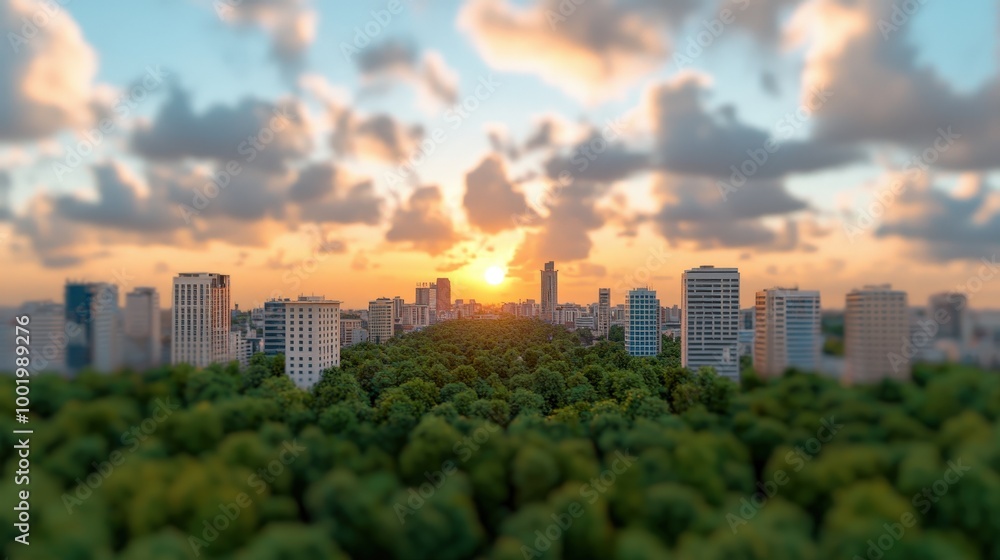 Fototapeta premium Cityscape Sunset with Lush Green Trees and Cloudy Sky
