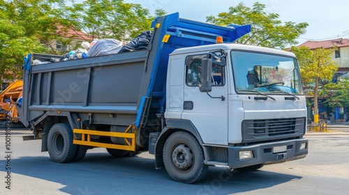 Wallpaper Mural A white garbage truck with a blue and gray body is driving on a paved road. The truck is full of garbage bags. The truck is in the middle of the frame. Torontodigital.ca