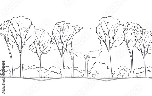 Outline drawing of trees in a row. Simple black and white illustration of forest for design and coloring pages.