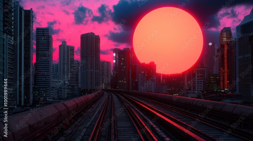 Fototapeta premium Futuristic Cityscape with Giant Red Sun and Train Tracks