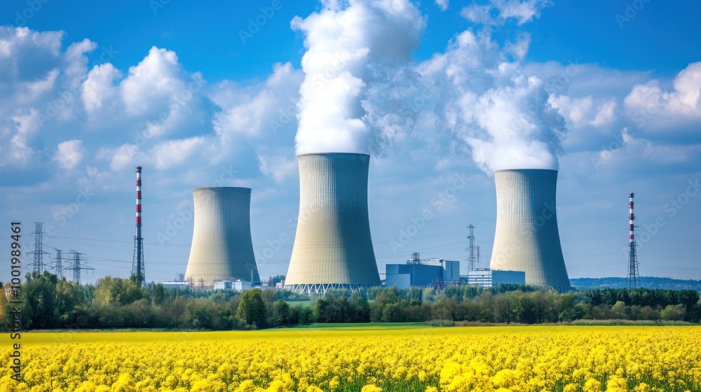 Three cooling towers of a nuclear power plant emitting steam into a blue sky over a field of yellow flowers. Three cooling towers of a nuclear power plant emitting steam into a blue sky over a field of yellow flowers.
