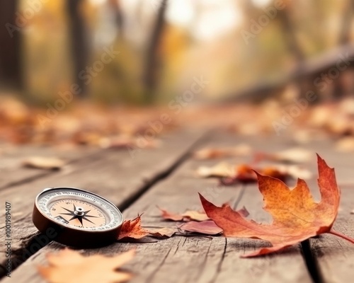 Minimalist Compass on Wooden Path with Colorful Autumn Leaves Symbolizing Exploration and Change