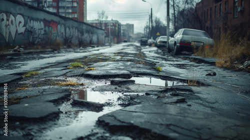 Cracked Urban Road with Deep Potholes