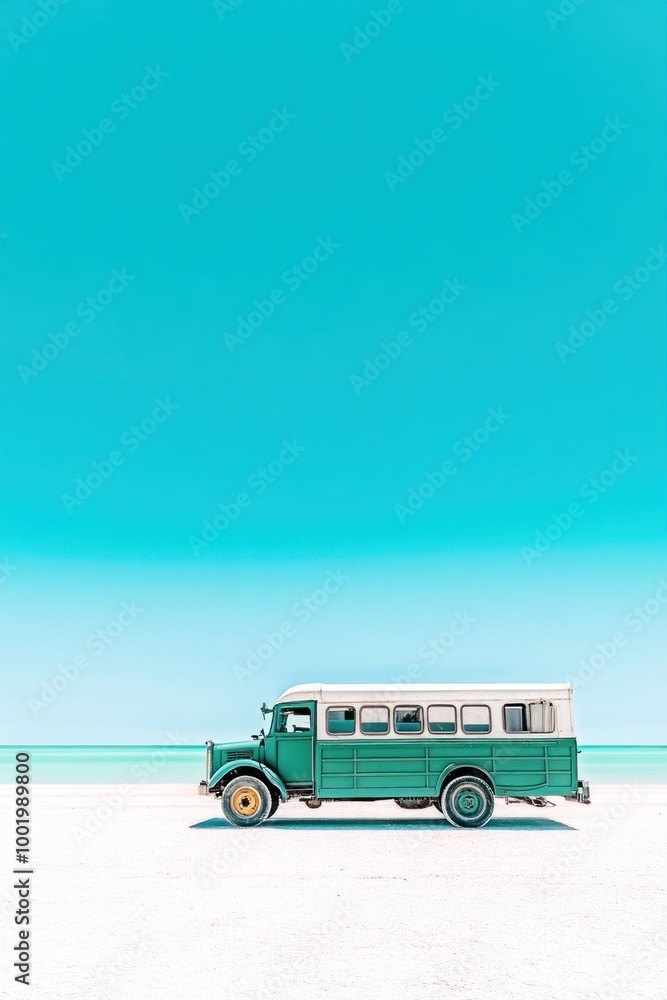 A vintage green bus parked on a bright, sandy beach under a clear blue sky.